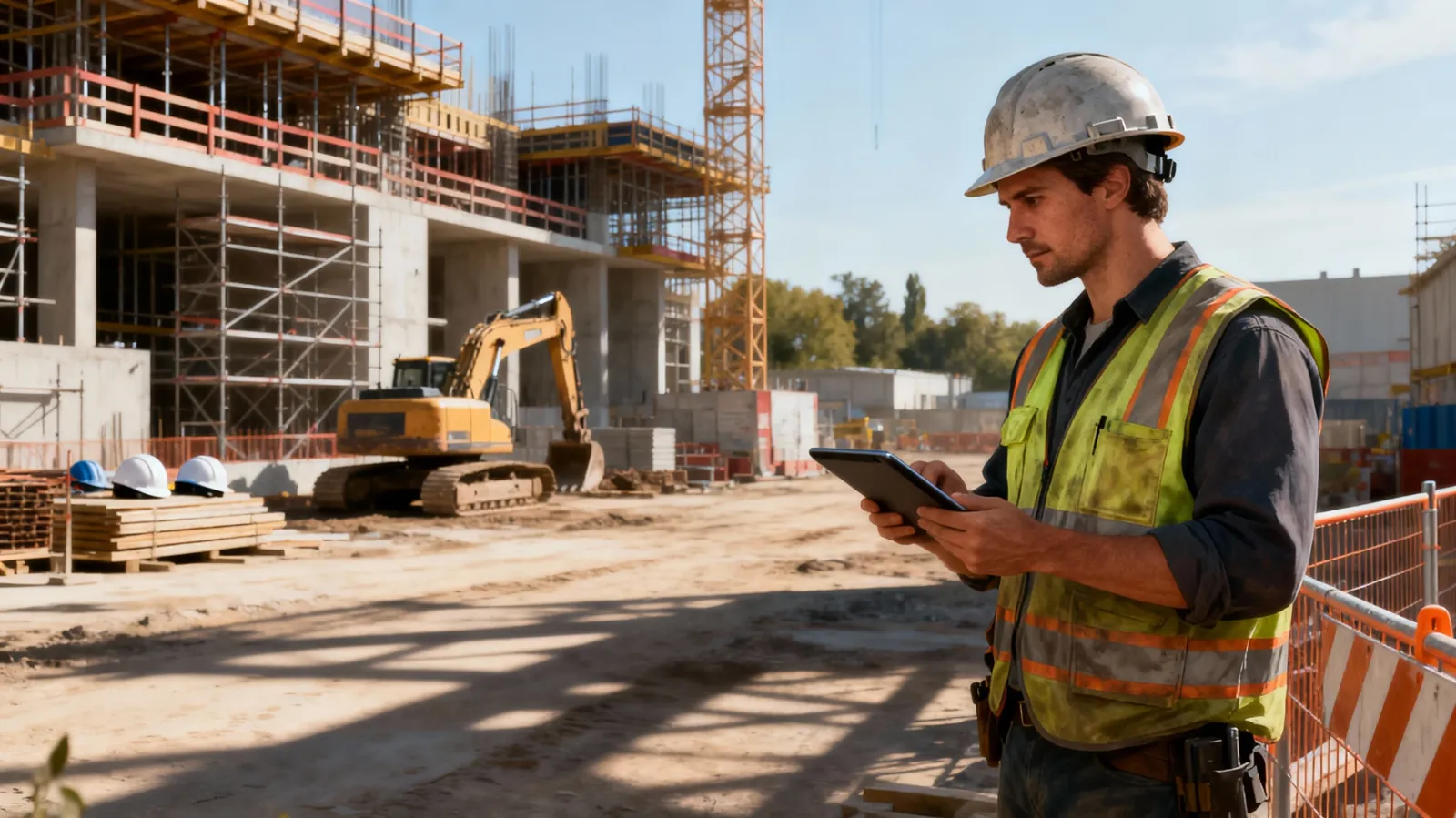 KI-generiertes Bild: Bauleiter mit Tablet auf der Baustelle
